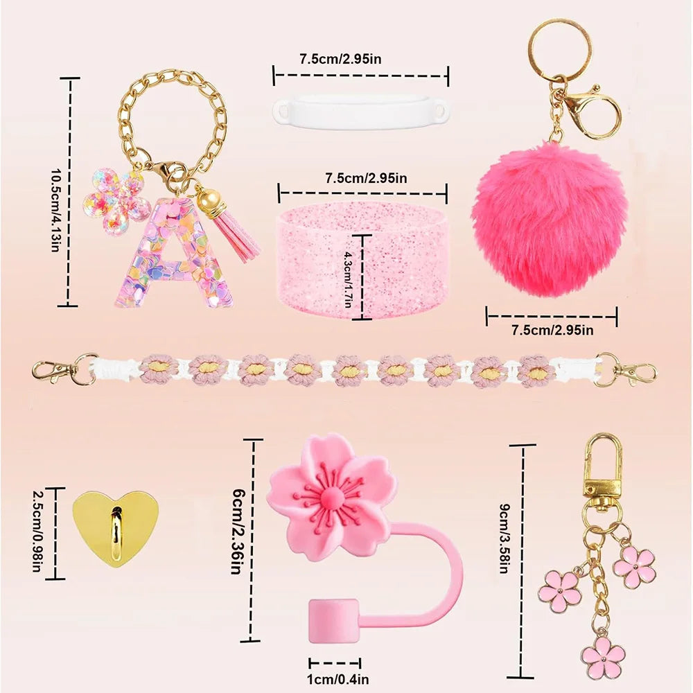 VaultHaus 11 piece Tumbler Cup Accessory Kit with pink floral and pom pom charms and glittery bands
