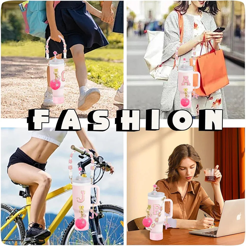 VaultHaus 11 piece Tumbler Cup Accessory Kit attached to pink tumbler cup in various everyday scenes