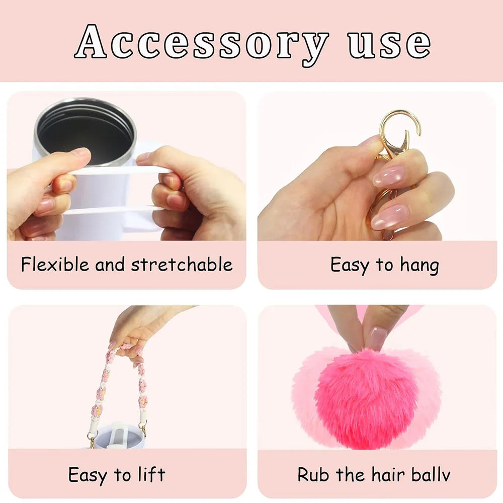 VaultHaus 11 piece Tumbler Cup Accessory Kit showing flexible band, hanging hook, carrying strap, and pink fluffy ball keychain