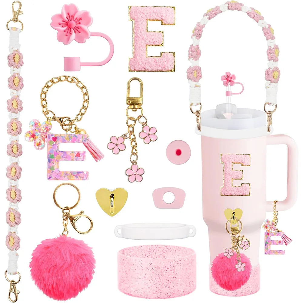 VaultHaus 11 piece Tumbler Cup Accessory Kit with pink pom pom, floral charm, and letter E decorations
