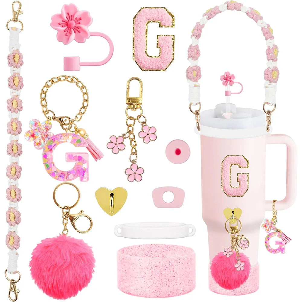 VaultHaus 11 piece Tumbler Cup Accessory Kit with pink floral charms pom pom and monogram G