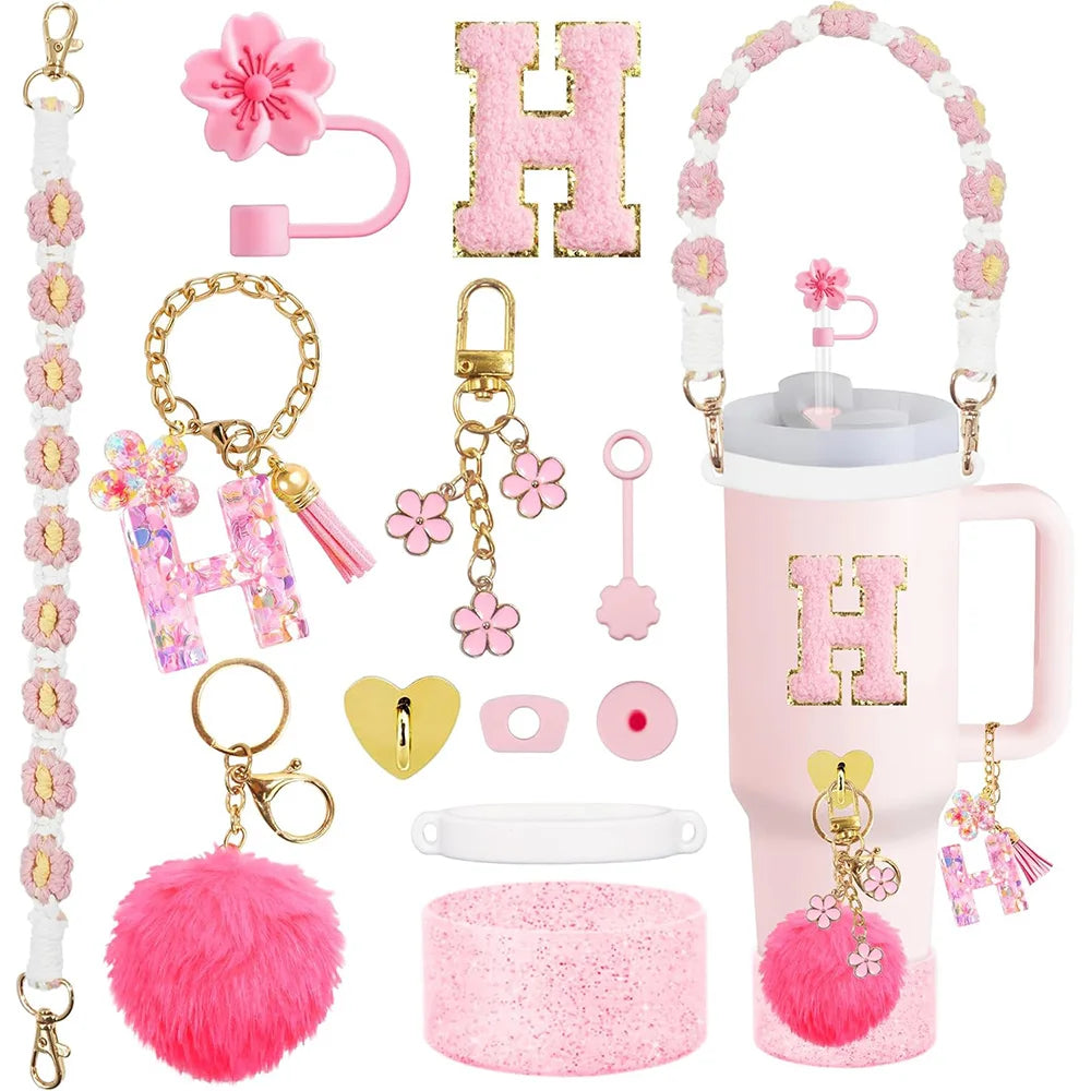 VaultHaus 11 piece Tumbler Cup Accessory Kit with pink floral charms, pom pom keychains, and decorative letter H