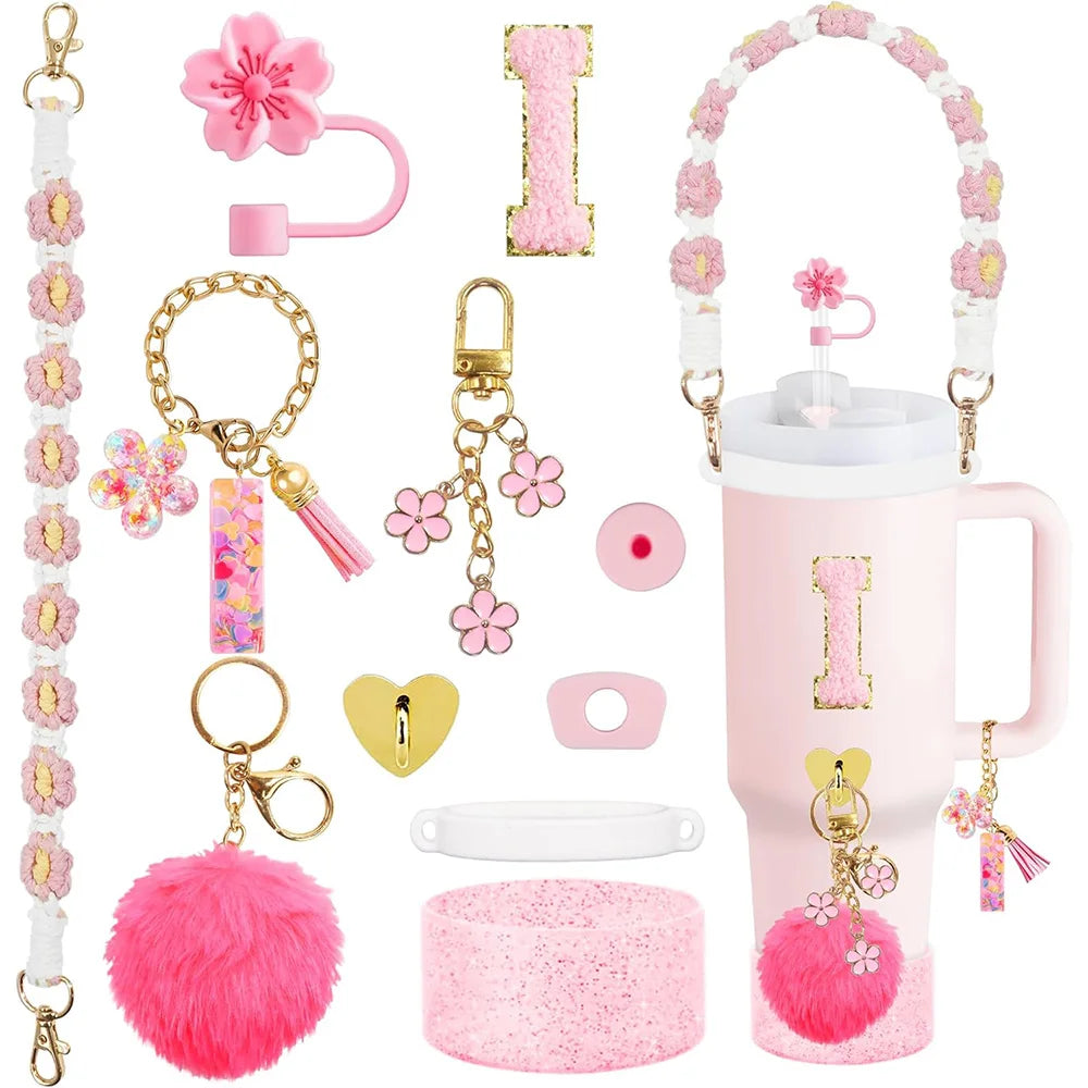 VaultHaus 11 piece Tumbler Cup Accessory Kit with pink floral charms, pom pom keychains, and decorative handle