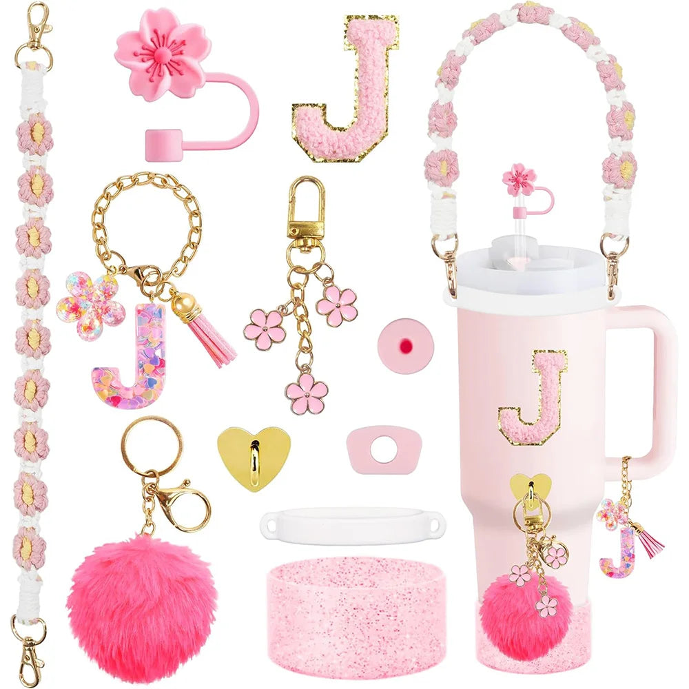 VaultHaus 11 piece Tumbler Cup Accessory Kit in pink with charms tassels keychains and floral handle for customization