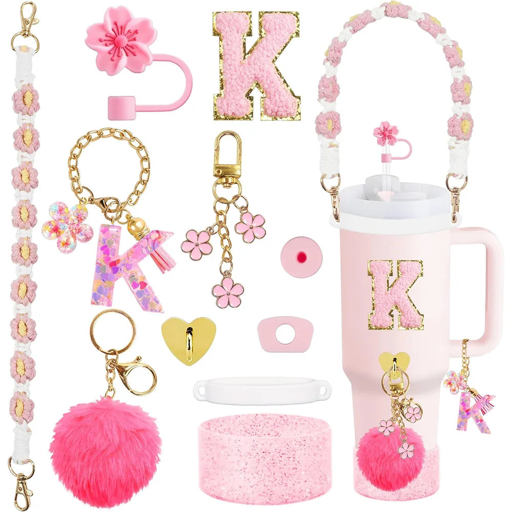 VaultHaus 11 piece Tumbler Cup Accessory Kit with pink floral charms, letter K keychains, and glittery pompom