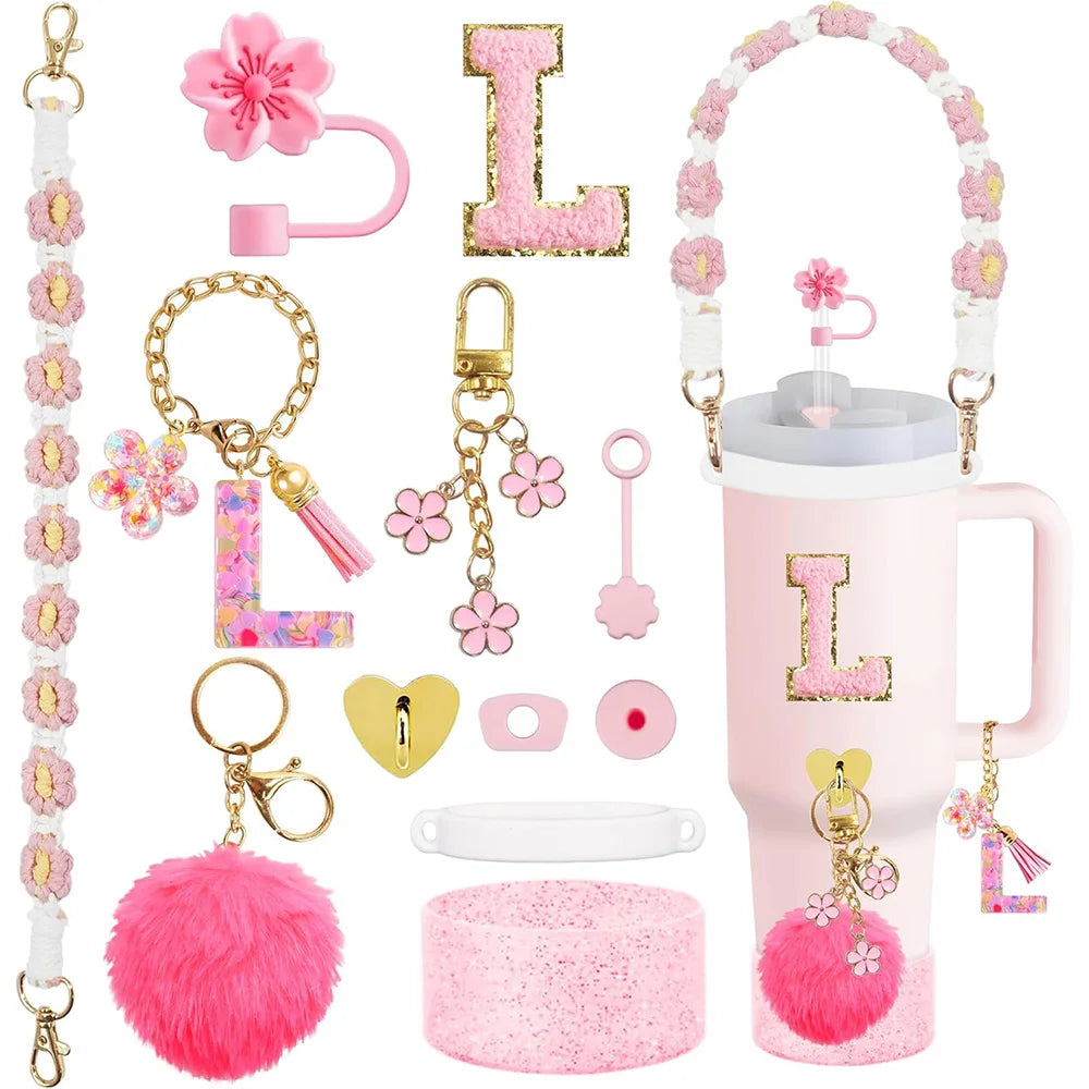 VaultHaus 11 piece Tumbler Cup Accessory Kit with pink floral and gold decorative parts for personalized tumblers