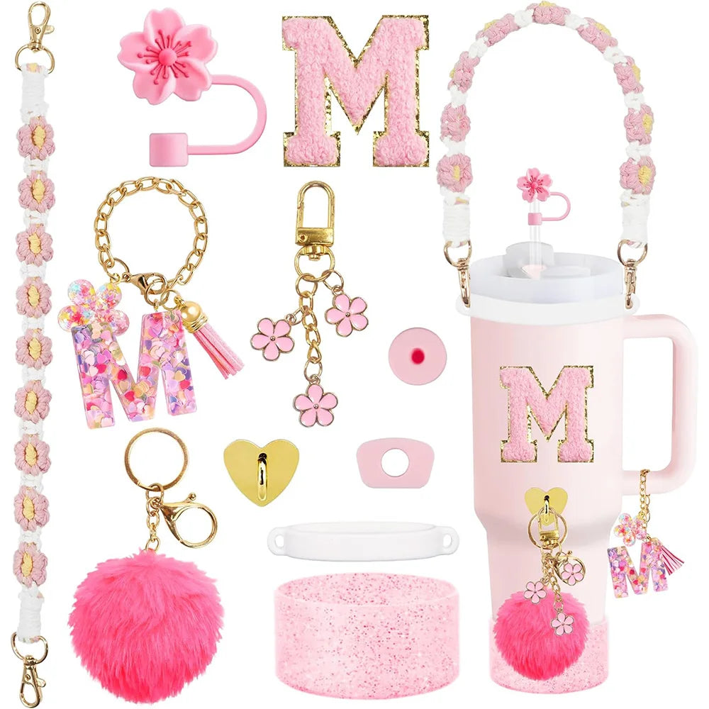 VaultHaus 11 piece Tumbler Cup Accessory Kit with pink floral charms keychains and decorative attachments
