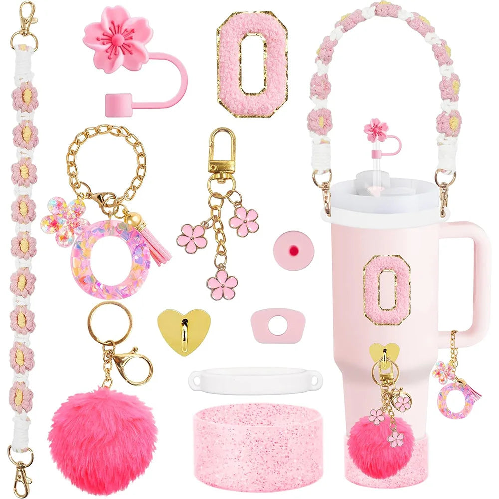VaultHaus 11 piece Tumbler Cup Accessory Kit with pink floral charms pom pom and decorative handle