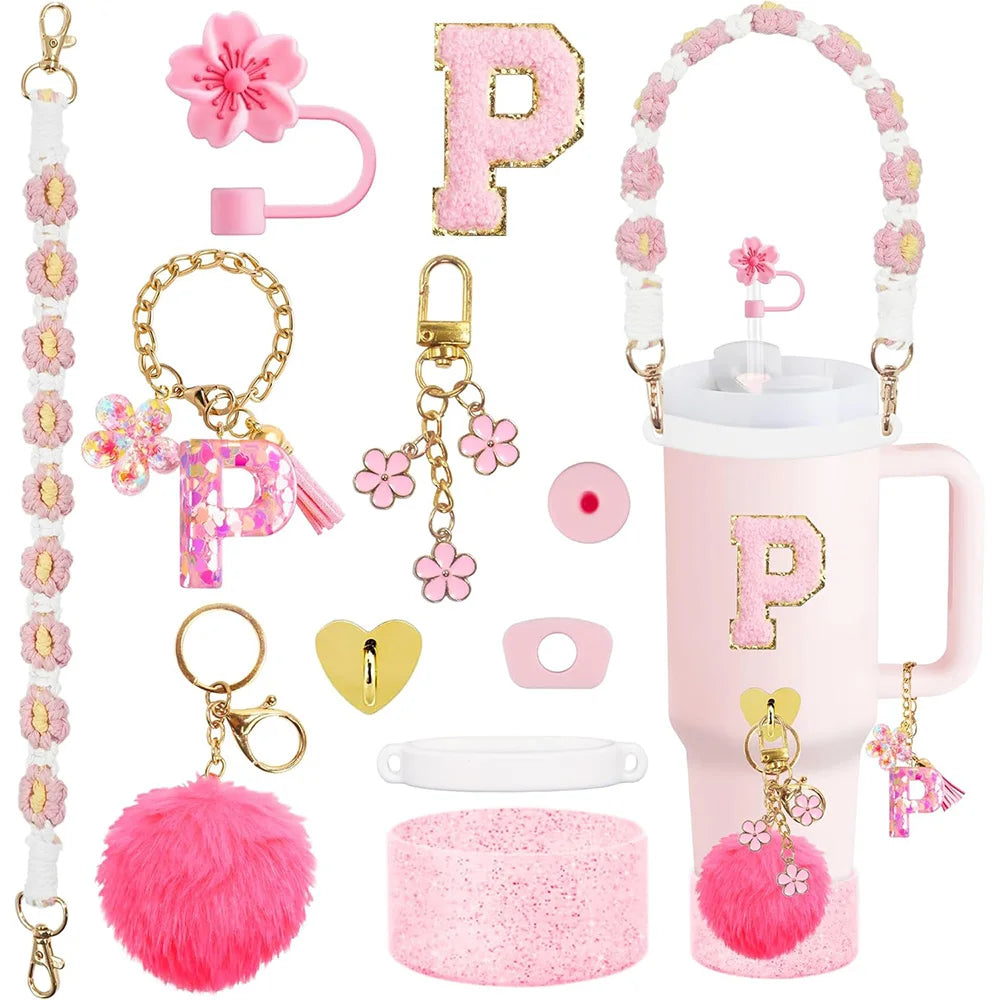 VaultHaus 11 piece Tumbler Cup Accessory Kit in pink with floral charms pom pom and handle strap