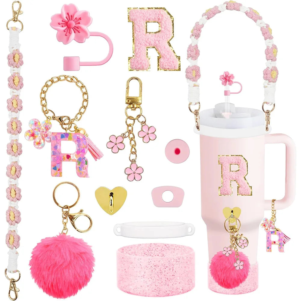 VaultHaus 11 piece Tumbler Cup Accessory Kit with pink floral charms, pom pom keychains, and glitter letter R
