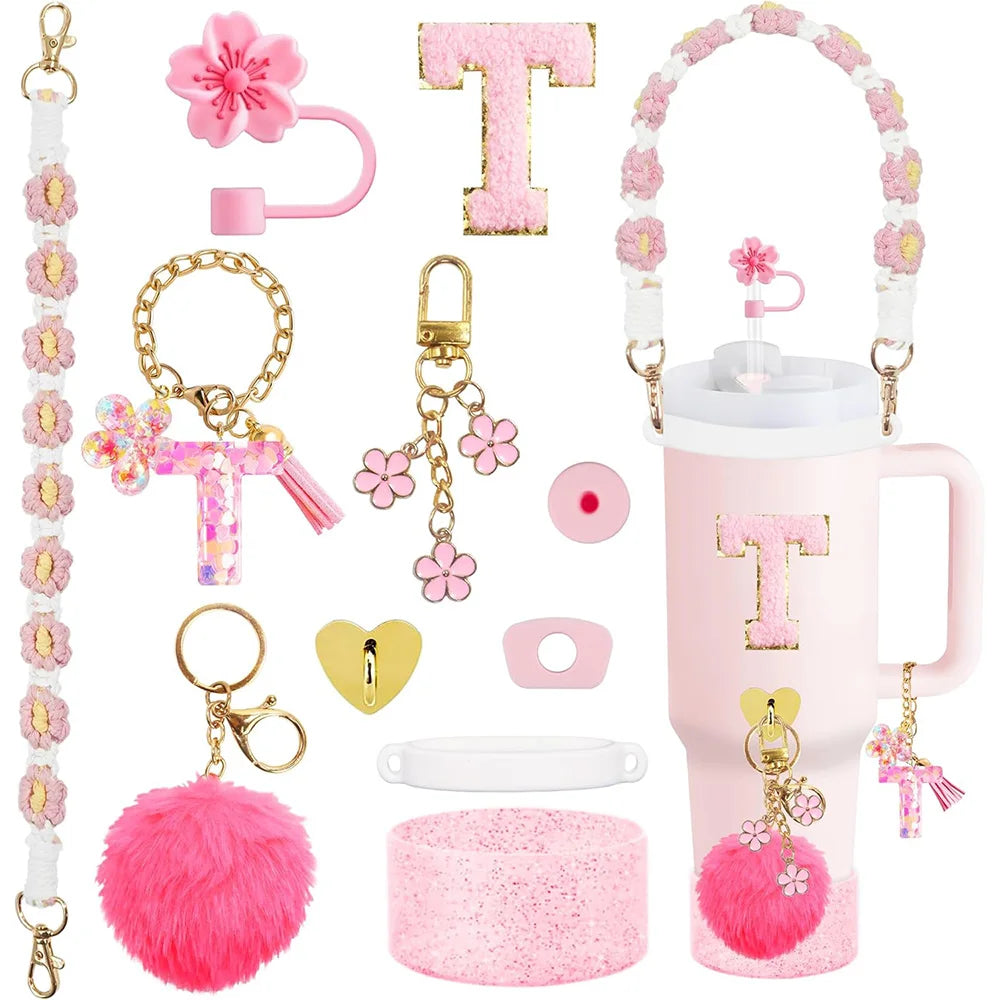 VaultHaus 11 piece Tumbler Cup Accessory Kit with pink floral charms, keychains, handle, and pom pom decor