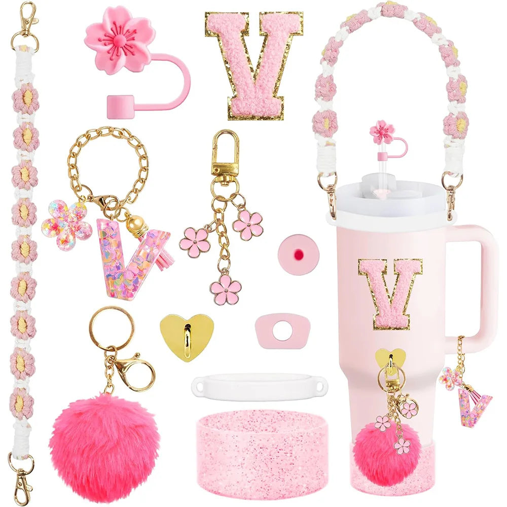 VaultHaus 11 piece Tumbler Cup Accessory Kit in pink with floral charms, keychains, pom pom, and glitter accents