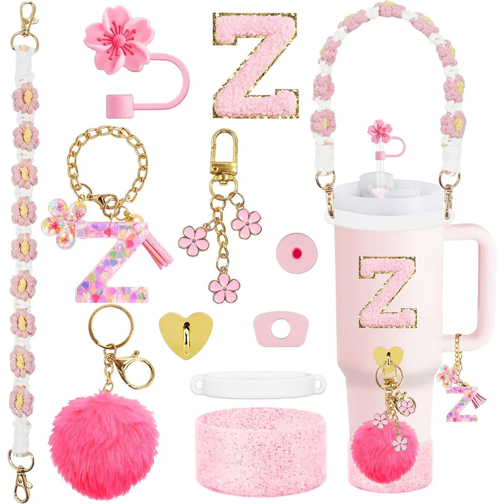 VaultHaus 11 piece Tumbler Cup Accessory Kit with pink and gold charms including pom pom and floral designs
