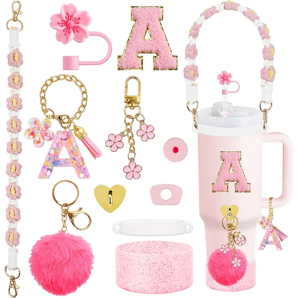 VaultHaus 11 piece Tumbler Cup Accessory Kit with pink floral charms, keychains, handle, and glitter letter A