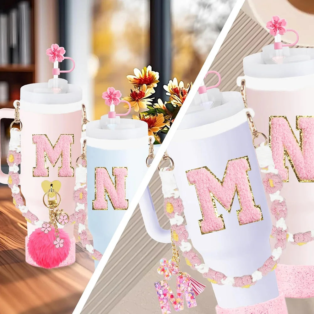 VaultHaus 11 piece Tumbler Cup Accessory Kit with pink floral straw charm keychain and bead strap for personalized tumblers