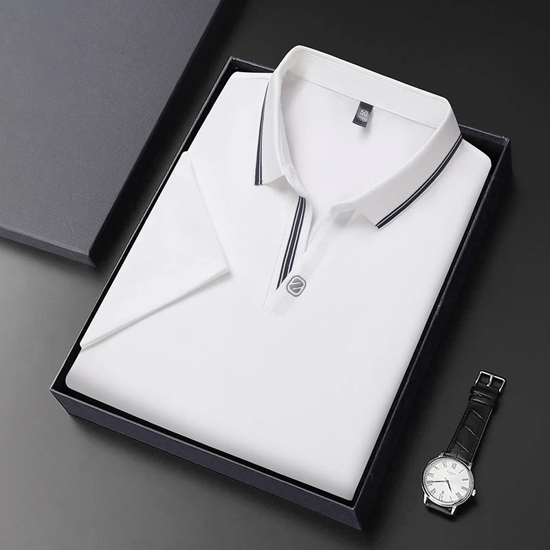 2024 Men's New Solid Color Cotton Business Casual Short Sleeved POLO Shirt Fashion Short Sleeved Comfortable and Breathable Top - VaultHaus