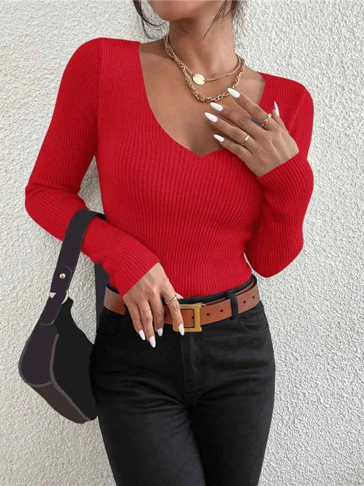 Femme Casual Jersey Rib Knit V-Neck Top