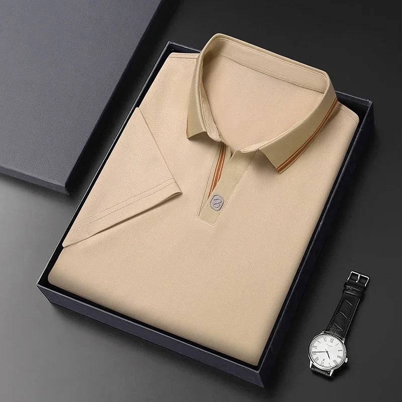 2024 Men's New Solid Color Cotton Business Casual Short Sleeved POLO Shirt Fashion Short Sleeved Comfortable and Breathable Top - VaultHaus