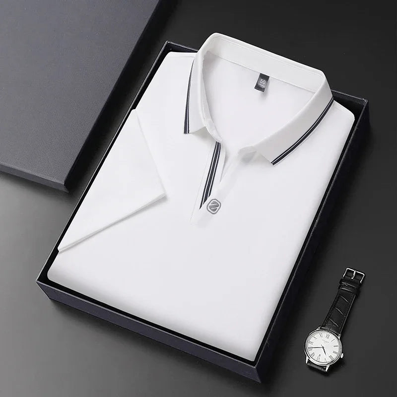 2024 Men's New Solid Color Cotton Business Casual Short Sleeved POLO Shirt Fashion Short Sleeved Comfortable and Breathable Top - VaultHaus
