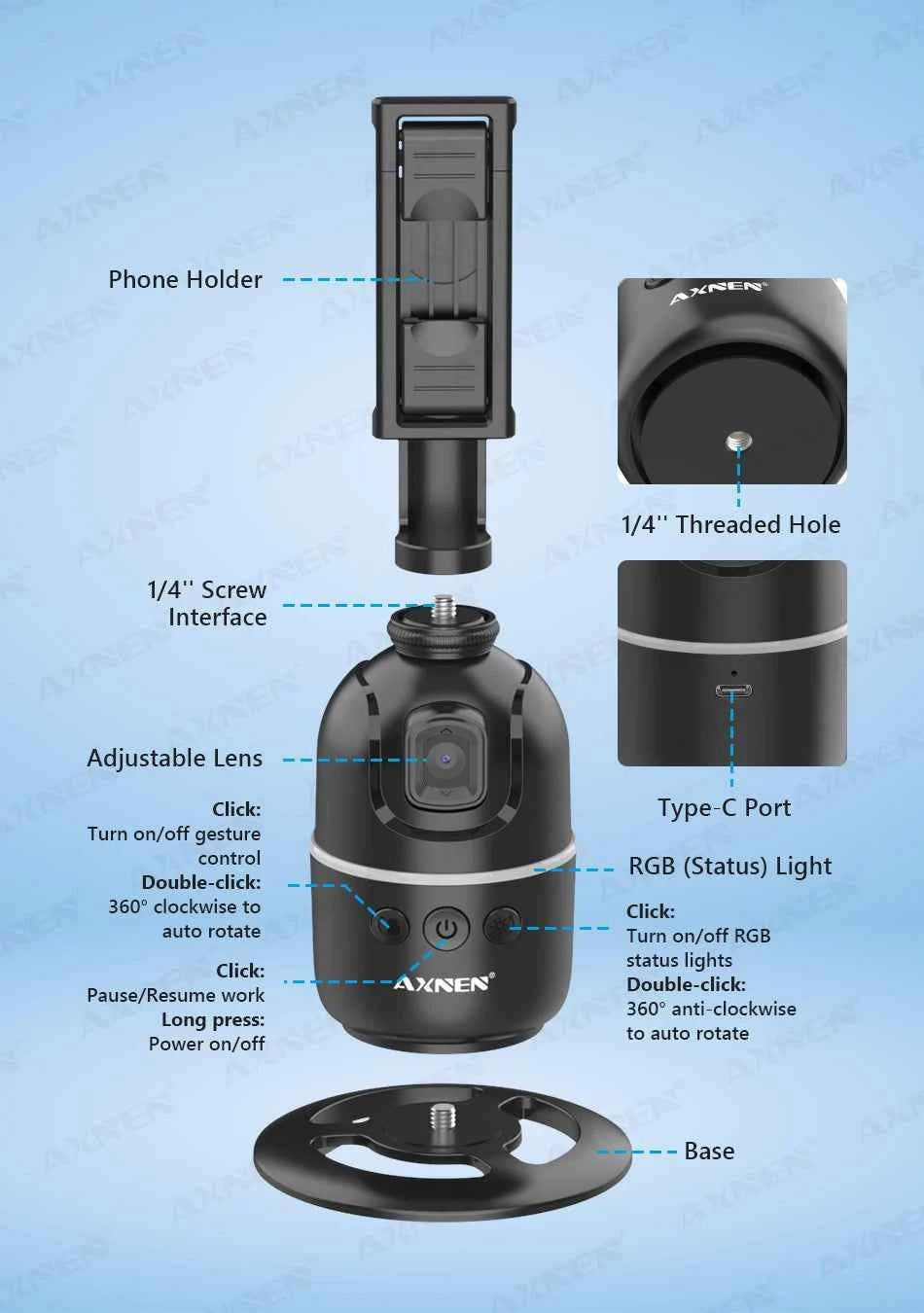 AI 360 Auto Rotate Selfie Stand for iPhone & Android