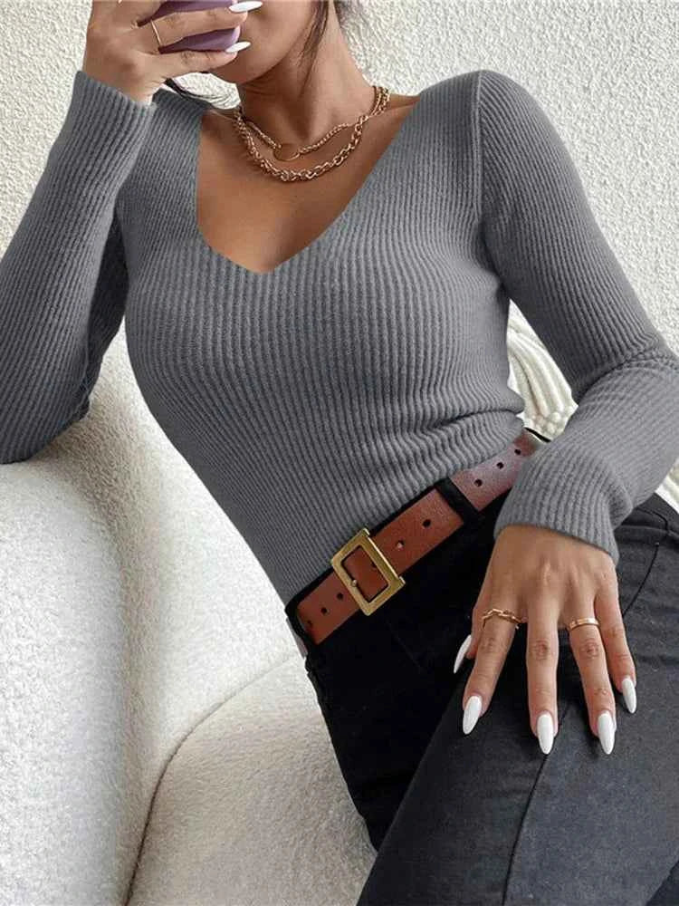 Femme Casual Jersey Rib Knit V-Neck Top