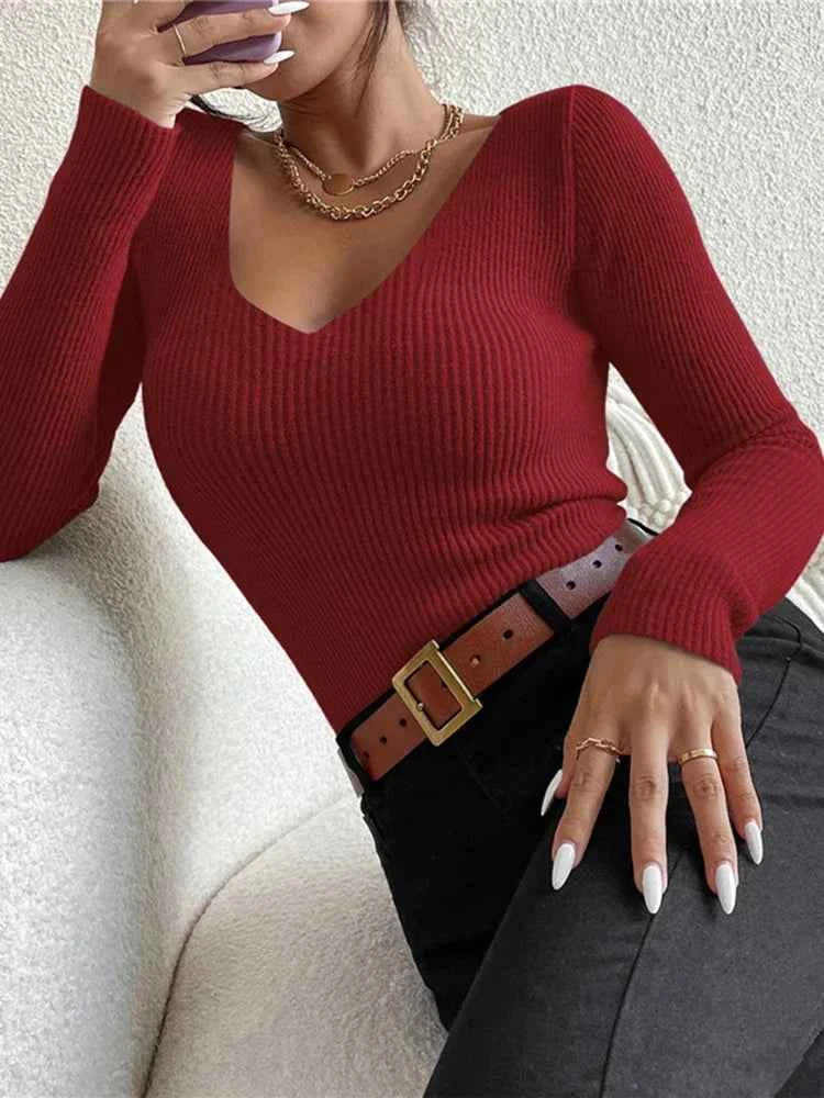 Femme Casual Jersey Rib Knit V-Neck Top