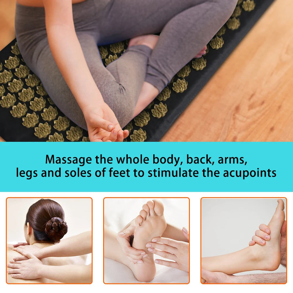 Person using an acupuncture massage mat to relieve stress and enhance relaxation for body wellness