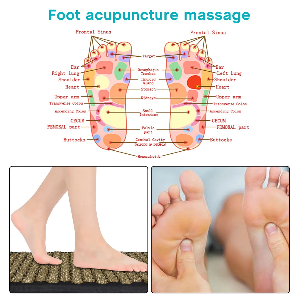 Foot acupuncture massage mat with anatomical chart for reflexology and relaxation therapy