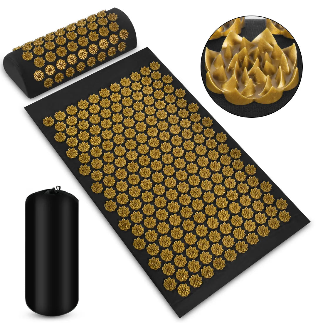 VaultHaus acupuncture massage mat with a supportive pillow and portable carrying bag for relaxation therapy