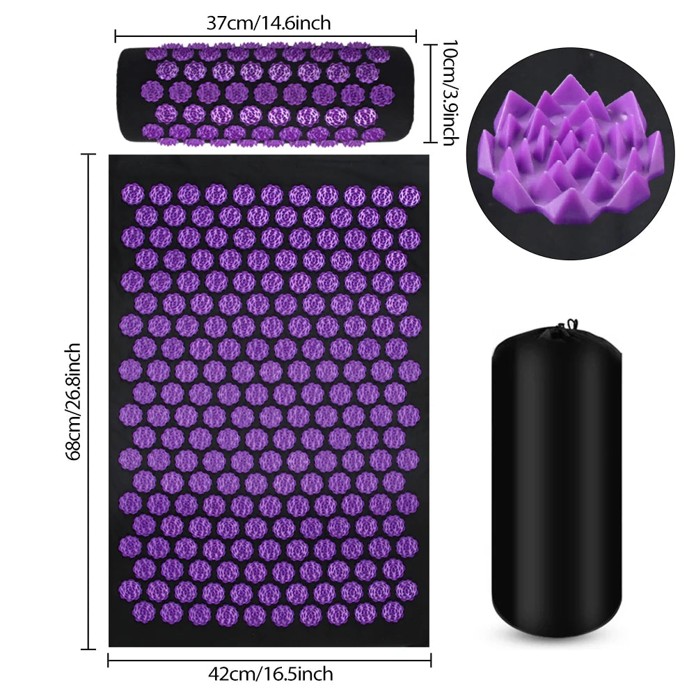 VaultHaus acupuncture massage mat with purple spikes and matching neck pillow for soothing pain relief