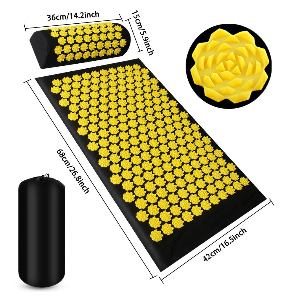 VaultHaus acupuncture massage mat with yellow lotus spikes for relaxation and stress relief