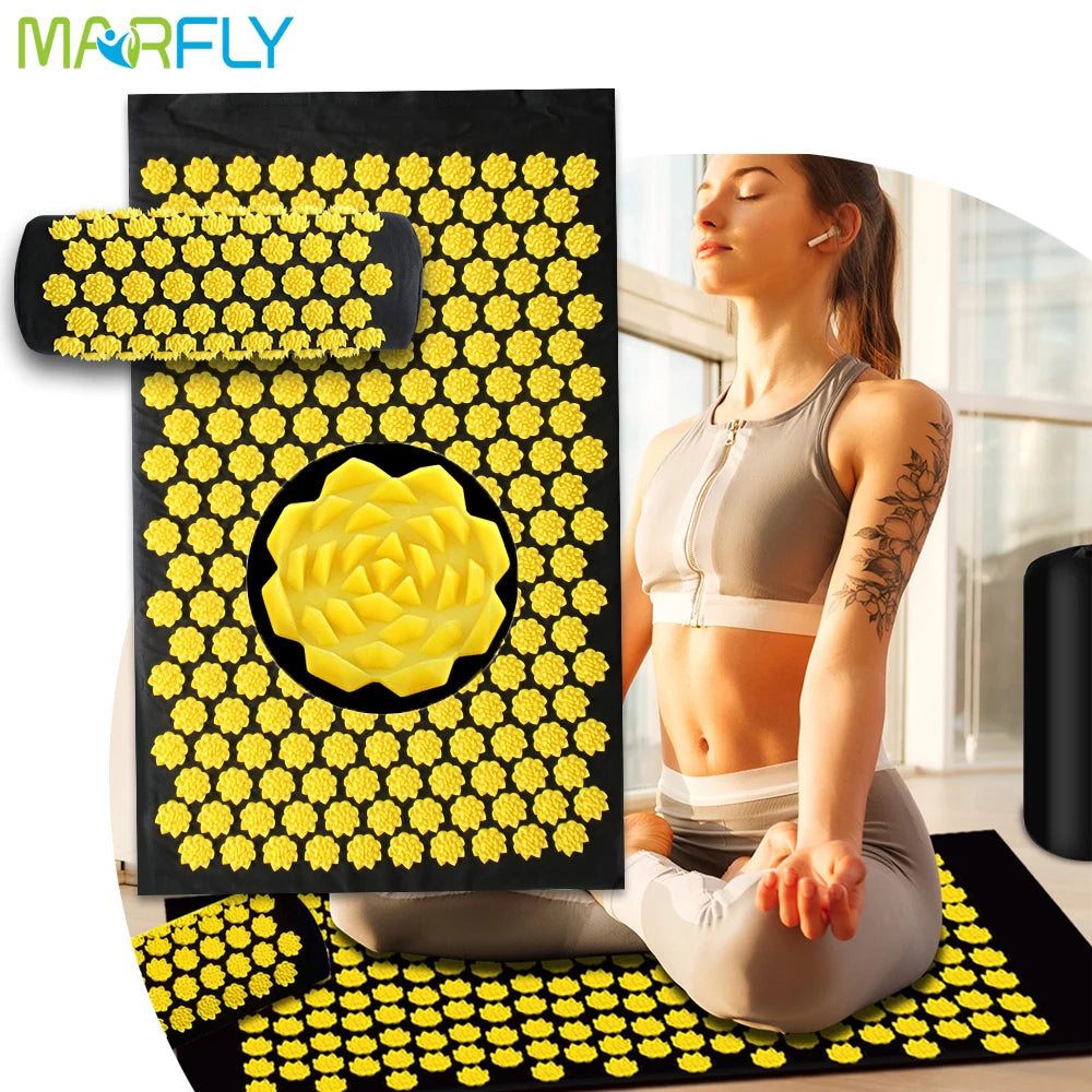 VaultHaus acupuncture massage mat designed for relaxation with yellow flower design and comfortable support