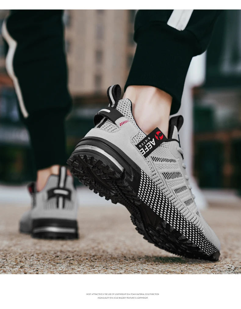 VaultHaus lightweight athletic sneakers for men in gray and black with breathable mesh and rubber soles