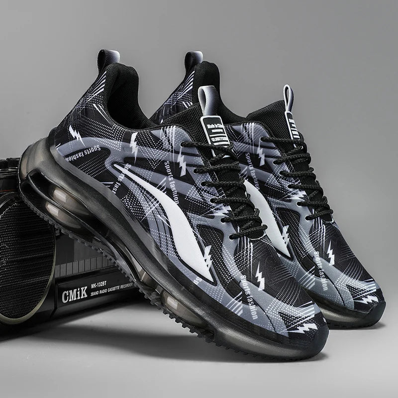 VaultHaus air cushion non slip athletic shoes in black and white with patterned design and thick sole