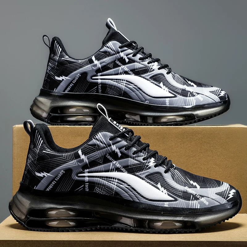 VaultHaus black and white air cushion non slip athletic shoes with patterned design and transparent sole