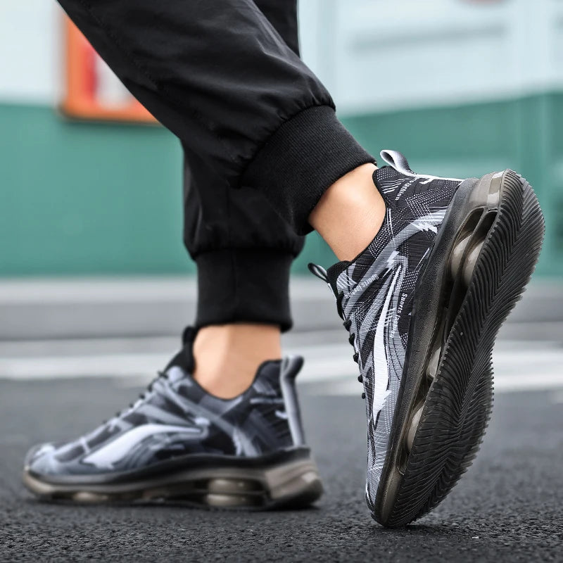 VaultHaus air cushion non-slip athletic shoes in black and gray with breathable mesh design