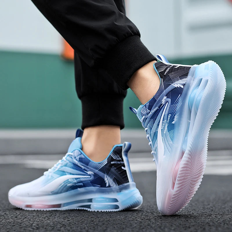 VaultHaus air cushion non slip athletic shoes in blue and white with breathable mesh and flexible sole