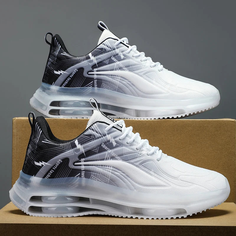 VaultHaus air cushion non-slip athletic shoes in white and black with breathable mesh design