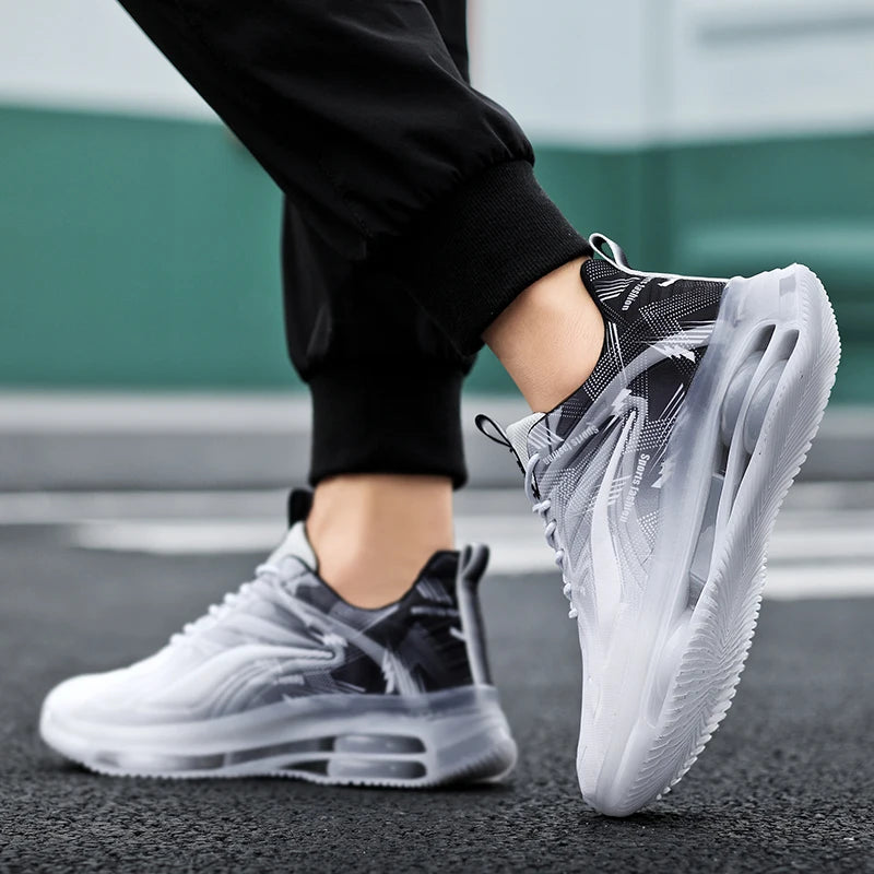 VaultHaus air cushion non-slip athletic shoes in black and white with breathable mesh design