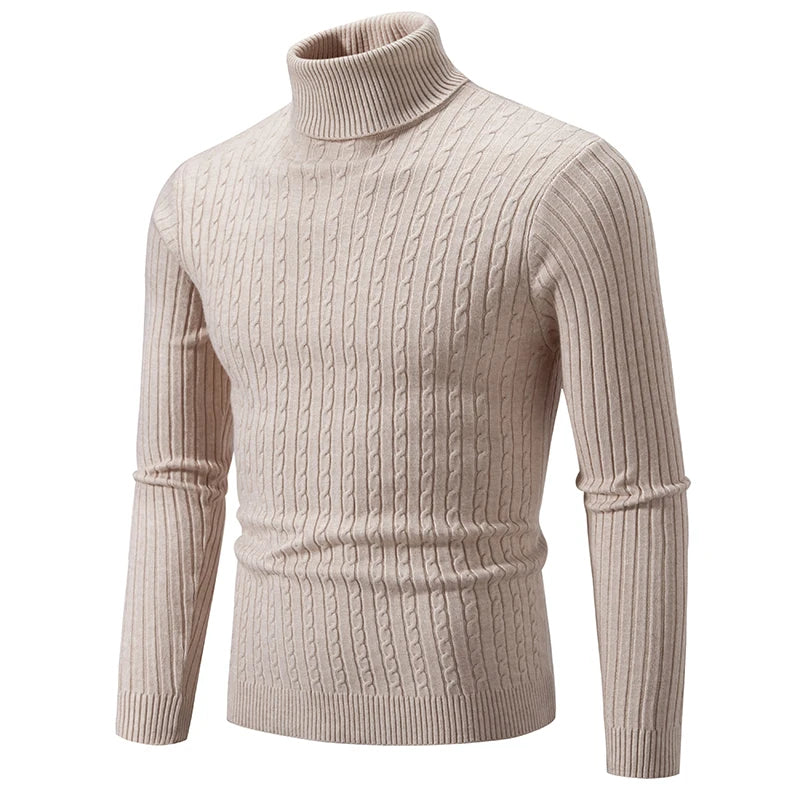 Beige knitted turtleneck pullover for men with ribbed texture and long sleeves