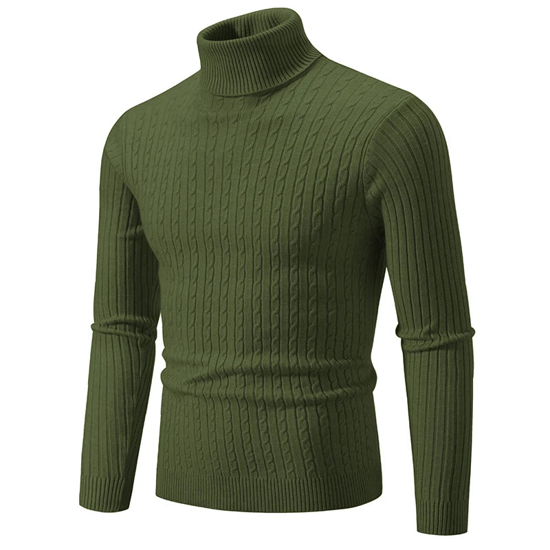 Stylish olive green knitted turtleneck pullover for men with ribbed texture and long sleeves
