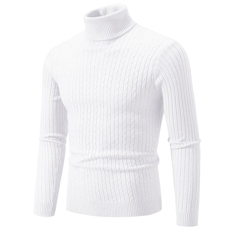 White knitted turtleneck pullover for men with a stylish ribbed design and comfortable fit