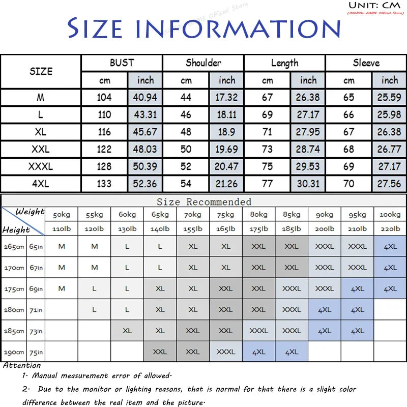Size information chart for VaultHaus long sleeve outdoor jacket men featuring measurements in centimetres
