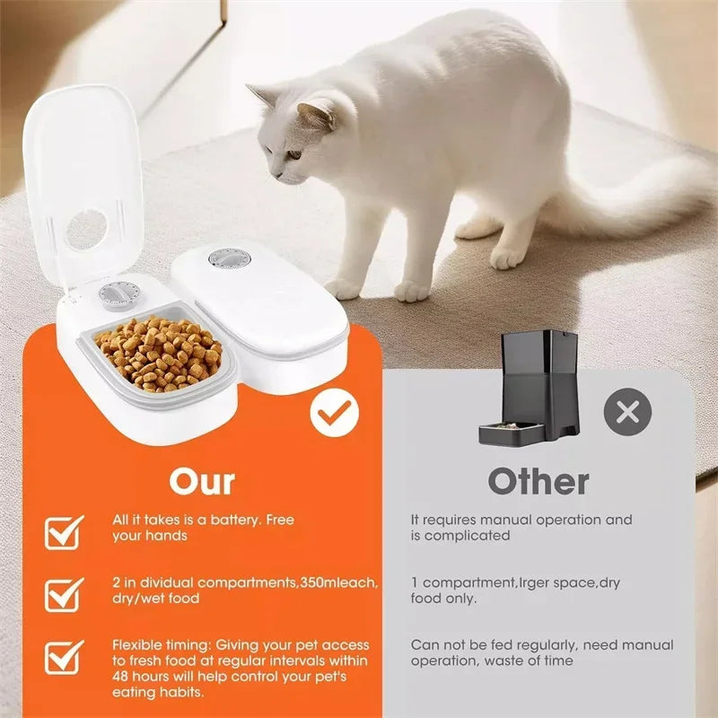 VaultHaus automatic pet food dispenser with dual compartments for dry and wet food, ensuring pet's feeding schedule