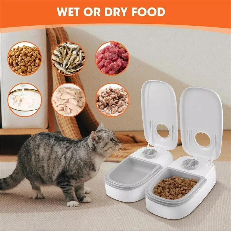VaultHaus automatic pet food dispenser for wet or dry food with dual compartments for pets