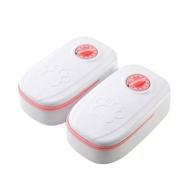 VaultHaus automatic pet food dispenser in white and pink, perfect for hassle-free feeding schedules