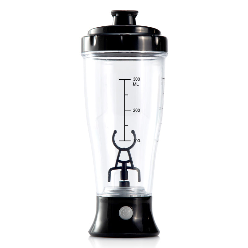 VaultHaus automatic protein shaker bottle in clear with black lid and built-in mixing mechanism