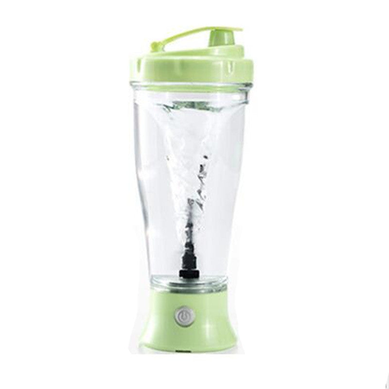 VaultHaus green automatic protein shaker bottle with clear body and power button for mixing shakes