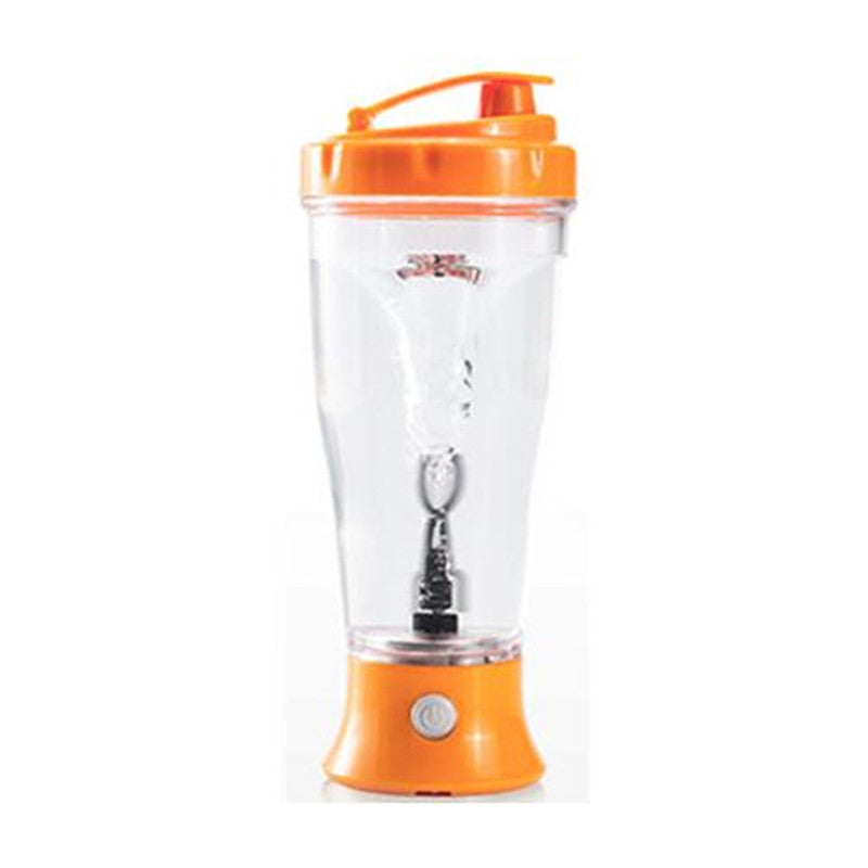 VaultHaus automatic protein shaker bottle in orange with clear body and power button base