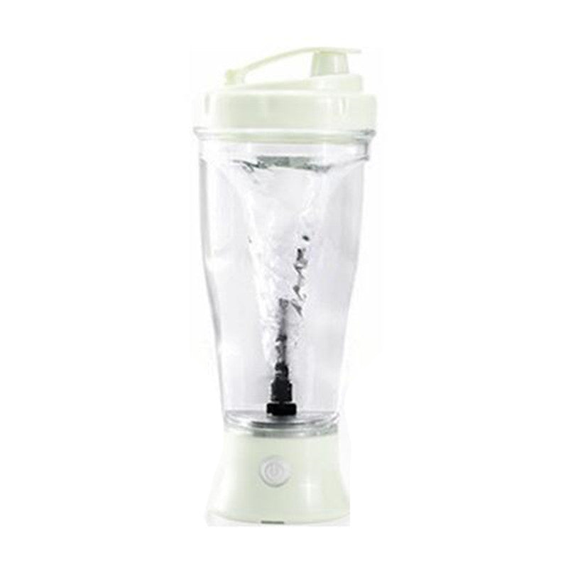 VaultHaus automatic protein shaker bottle in white with clear body and mixing mechanism inside